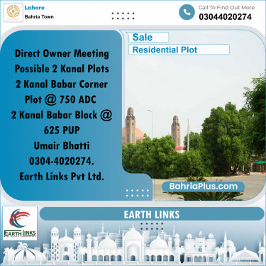 2 Kanal Residential Plot for Sale in Bahria Town, Lahore - (BP-279275)