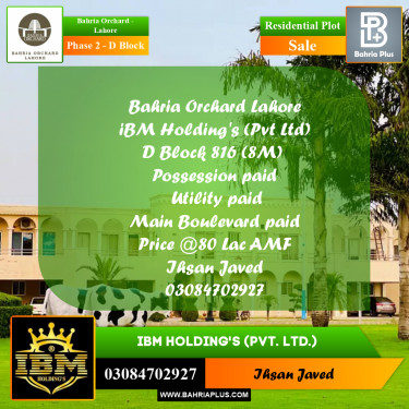 8 Marla Residential Plot for Sale in Phase 2 - D Block -  Bahria Orchard, Lahore - (BP-279346)