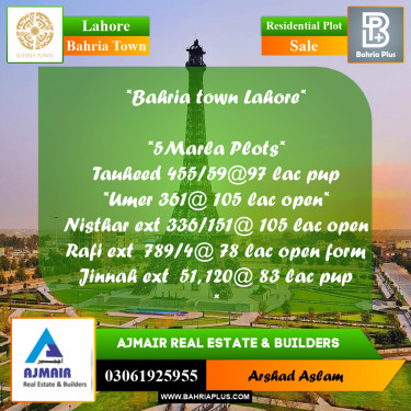 5 Marla Residential Plot for Sale in Bahria Town, Lahore - (BP-279356)