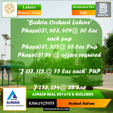 8 Marla Residential Plot for Sale in Bahria Town, Lahore - (BP-279360)