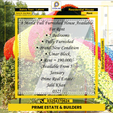 8 Marla Residential House for Rent in Sector B - Umer Block -  Bahria Town, Lahore - (BP-279388)