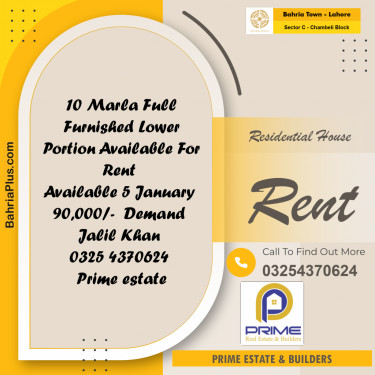 10 Marla Residential House for Rent in Sector C - Chambeli Block -  Bahria Town, Lahore - (BP-279389)