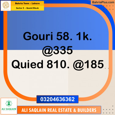 20 Marla Residential Plot for Sale in Sector E - Quaid Block -  Bahria Town, Lahore - (BP-279894)
