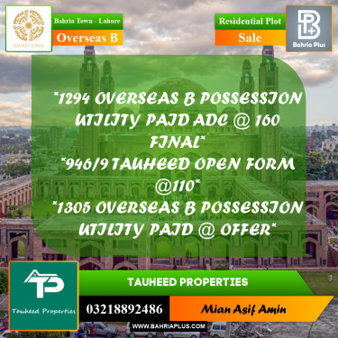 10 Marla Residential Plot for Sale in Overseas B -  Bahria Town, Lahore - (BP-279928)