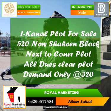 1 Kanal Residential Plot for Sale in Sector B - Shaheen Block -  Bahria Town, Lahore - (BP-280116)