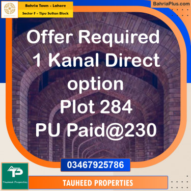 1 Kanal Residential Plot for Sale in Sector F - Tipu Sultan Block -  Bahria Town, Lahore - (BP-280232)