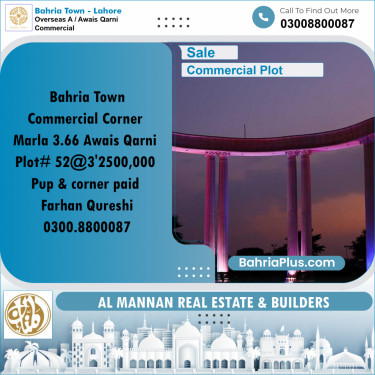 3.66 Marla Commercial Plot for Sale in Overseas A / Awais Qarni Commercial -  Bahria Town, Lahore - (BP-280256)