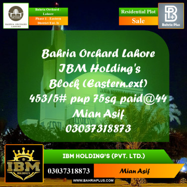 5 Marla Residential Plot for Sale in Phase 1 - Eastern District Ext. II -  Bahria Orchard, Lahore - (BP-280272)