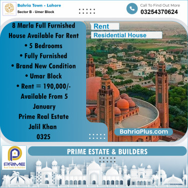 8 Marla Residential House for Rent in Sector B - Umer Block -  Bahria Town, Lahore - (BP-280292)