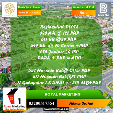 Residential Plot for Sale in Sector D - AA Block -  Bahria Town, Lahore - (BP-280504)