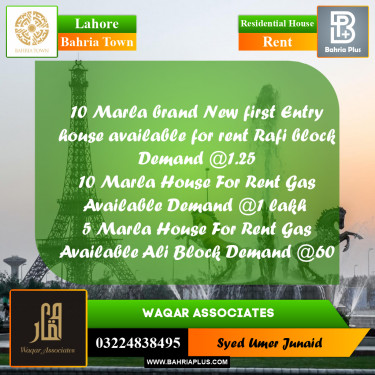 Residential House for Rent in Bahria Town, Lahore - (BP-280517)