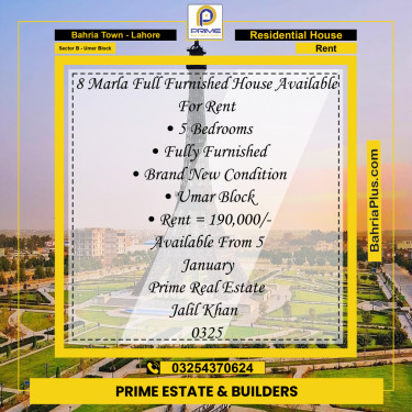 8 Marla Residential House for Rent in Sector B - Umer Block -  Bahria Town, Lahore - (BP-280598)