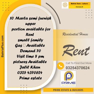 10 Marla Residential House for Rent in Overseas B -  Bahria Town, Lahore - (BP-280599)