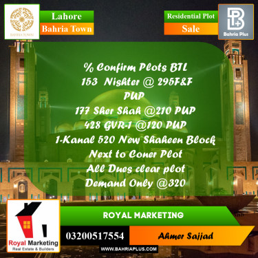 Residential Plot for Sale in Bahria Town, Lahore - (BP-280623)