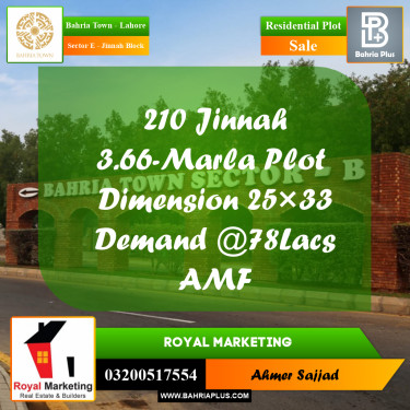 3.66 Marla Residential Plot for Sale in Sector E - Jinnah Block -  Bahria Town, Lahore - (BP-280704)