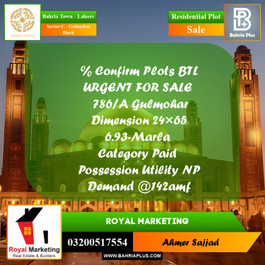 6.93 Marla Residential Plot for Sale in Sector C - Gulmohar Block -  Bahria Town, Lahore - (BP-280705)