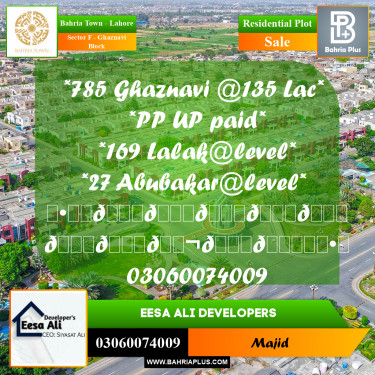 Residential Plot for Sale in Sector F - Ghaznavi Block -  Bahria Town, Lahore - (BP-280766)