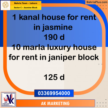 1 Kanal Residential House for Rent in Sector C - Jasmine Block -  Bahria Town, Lahore - (BP-280792)