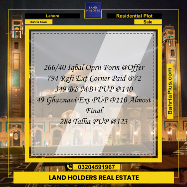 Residential Plot for Sale in Bahria Town, Lahore - (BP-280871)