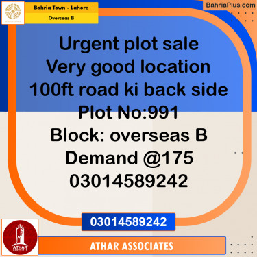 10 Marla Residential Plot for Sale in Overseas B -  Bahria Town, Lahore - (BP-280955)