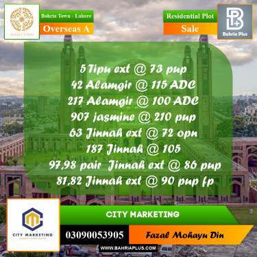 10 Marla Residential Plot for Sale in Overseas A -  Bahria Town, Lahore - (BP-280956)