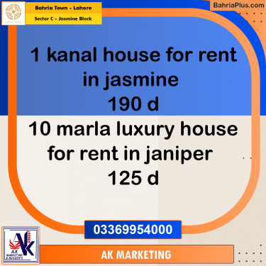 1 Kanal Residential House for Rent in Sector C - Jasmine Block -  Bahria Town, Lahore - (BP-281054)