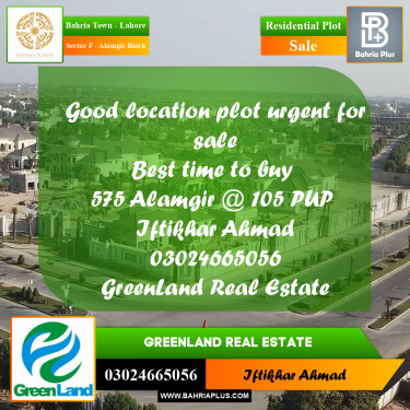 10 Marla Residential Plot for Sale in Sector F - Alamgir Block -  Bahria Town, Lahore - (BP-281328)