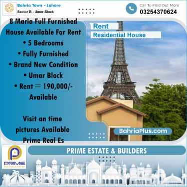 8 Marla Residential House for Rent in Sector B - Umer Block -  Bahria Town, Lahore - (BP-281394)