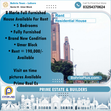 8 Marla Residential House for Rent in Sector B - Umer Block -  Bahria Town, Lahore - (BP-281588)
