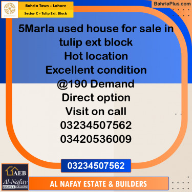 5 Marla Residential House for Sale in Sector C - Tulip Ext. Block -  Bahria Town, Lahore - (BP-281634)