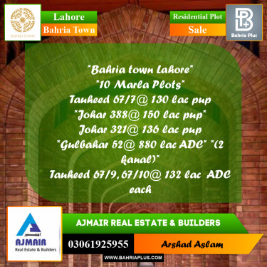 10 Marla Residential Plot for Sale in Bahria Town, Lahore - (BP-281710)