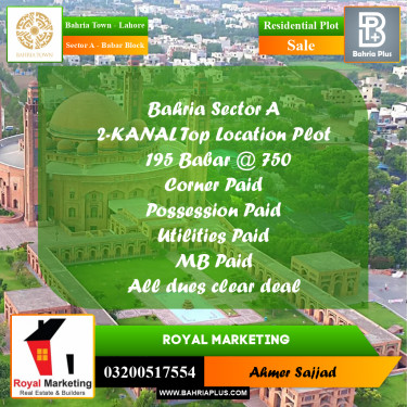 2 Kanal Residential Plot for Sale in Sector A - Babar Block -  Bahria Town, Lahore - (BP-281763)