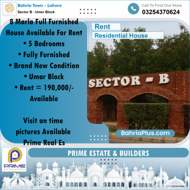 8 Marla Residential House for Rent in Sector B - Umer Block -  Bahria Town, Lahore - (BP-281764)