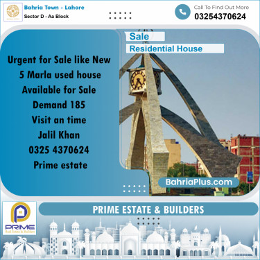 5 Marla Residential House for Sale in Sector D - AA Block -  Bahria Town, Lahore - (BP-281765)