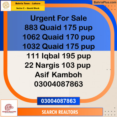 10 Marla Residential Plot for Sale in Sector E - Quaid Block -  Bahria Town, Lahore - (BP-281793)