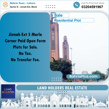 5 Marla Residential Plot for Sale in Sector E - Jinnah Ext. Block -  Bahria Town, Lahore - (BP-281806)