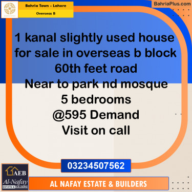 1 Kanal Residential House for Sale in Overseas B -  Bahria Town, Lahore - (BP-281844)