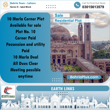 10 Marla Residential Plot for Sale in Sector E - Iqbal Block -  Bahria Town, Lahore - (BP-282010)