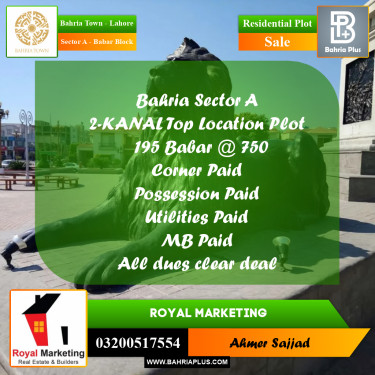 2 Kanal Residential Plot for Sale in Sector A - Babar Block -  Bahria Town, Lahore - (BP-282051)