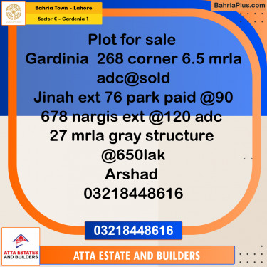 6 Marla Residential Plot for Sale in Sector C - Gardenia 1 -  Bahria Town, Lahore - (BP-282188)