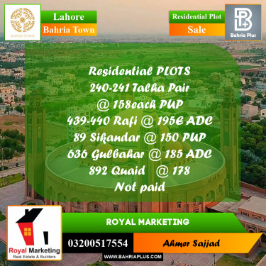 Residential Plot for Sale in Bahria Town, Lahore - (BP-282331)