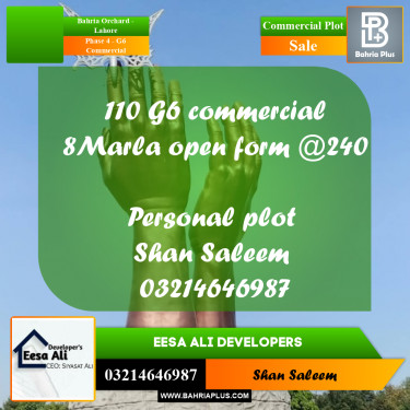 8 Marla Commercial Plot for Sale in Phase 4 - G6 Commercial -  Bahria Orchard, Lahore - (BP-282348)