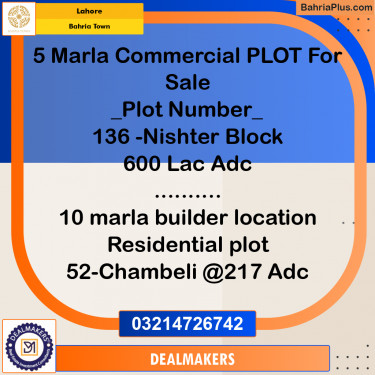 Residential Plot for Sale in Bahria Town, Lahore - (BP-282763)