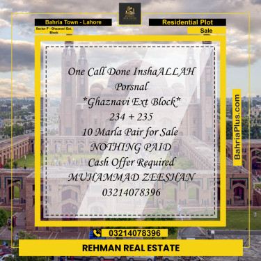 10 Marla Residential Plot for Sale in Sector F - Ghaznavi Ext. Block -  Bahria Town, Lahore - (BP-282861)
