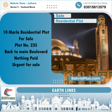 10 Marla Residential Plot for Sale in Sector F - Tauheed Block -  Bahria Town, Lahore - (BP-283039)