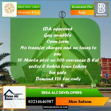 10 Marla Residential Plot for Sale in Overseas B Ext -  Bahria Town, Lahore - (BP-283118)