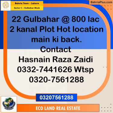 2 Kanal Residential Plot for Sale in Sector C - Gulbahar Block -  Bahria Town, Lahore - (BP-283401)