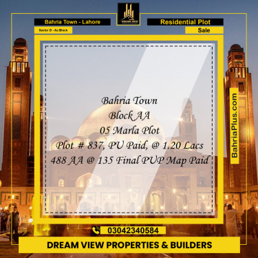 5 Marla Residential Plot for Sale in Sector D - AA Block -  Bahria Town, Lahore - (BP-283429)