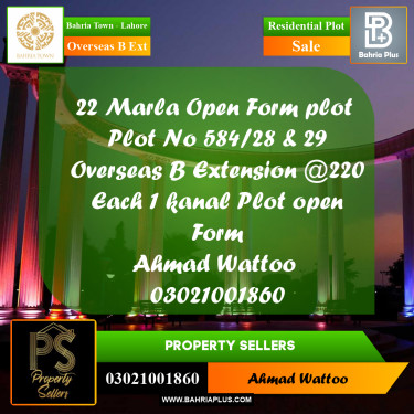 22 Marla Residential Plot for Sale in Overseas B Ext -  Bahria Town, Lahore - (BP-283437)