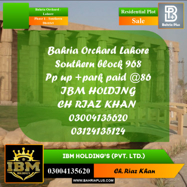 8 Marla Residential Plot for Sale in Phase 1 - Southern District -  Bahria Orchard, Lahore - (BP-283452)